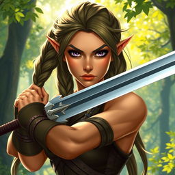 A female elf rogue character depicted with a serious expression, expertly wielding a long sword