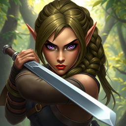 A female elf rogue character depicted with a serious expression, expertly wielding a long sword