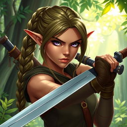 A female elf rogue character depicted with a serious expression, expertly wielding a long sword