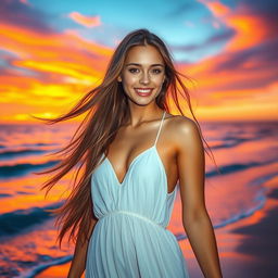 A stunning young woman with long flowing hair in a vibrant sunset beach setting
