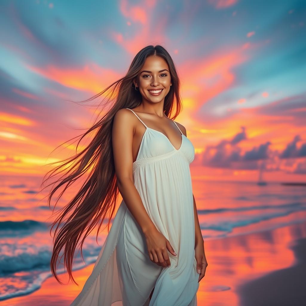 A stunning young woman with long flowing hair in a vibrant sunset beach setting