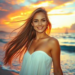 A stunning young woman with long flowing hair in a vibrant sunset beach setting
