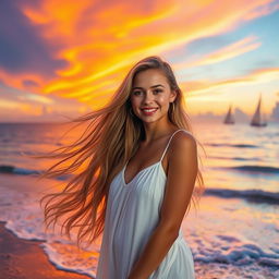 A stunning young woman with long flowing hair in a vibrant sunset beach setting