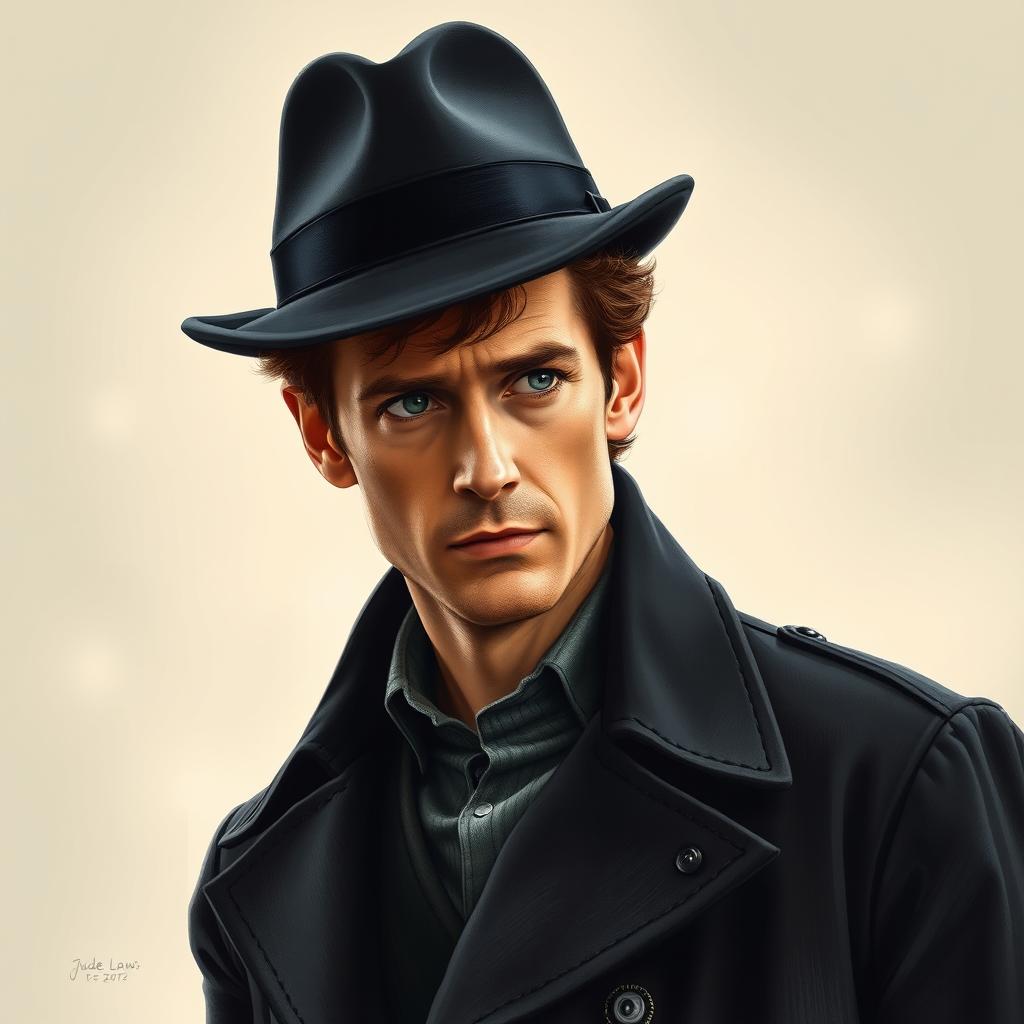 A realistic drawing of actor Jude Law, depicted wearing a stylish black flat-top hat and an old black coat