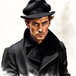A realistic drawing of actor Jude Law, depicted wearing a stylish black flat-top hat and an old black coat