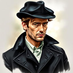 A realistic drawing of actor Jude Law, depicted wearing a stylish black flat-top hat and an old black coat