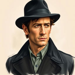A realistic drawing of actor Jude Law, depicted wearing a stylish black flat-top hat and an old black coat