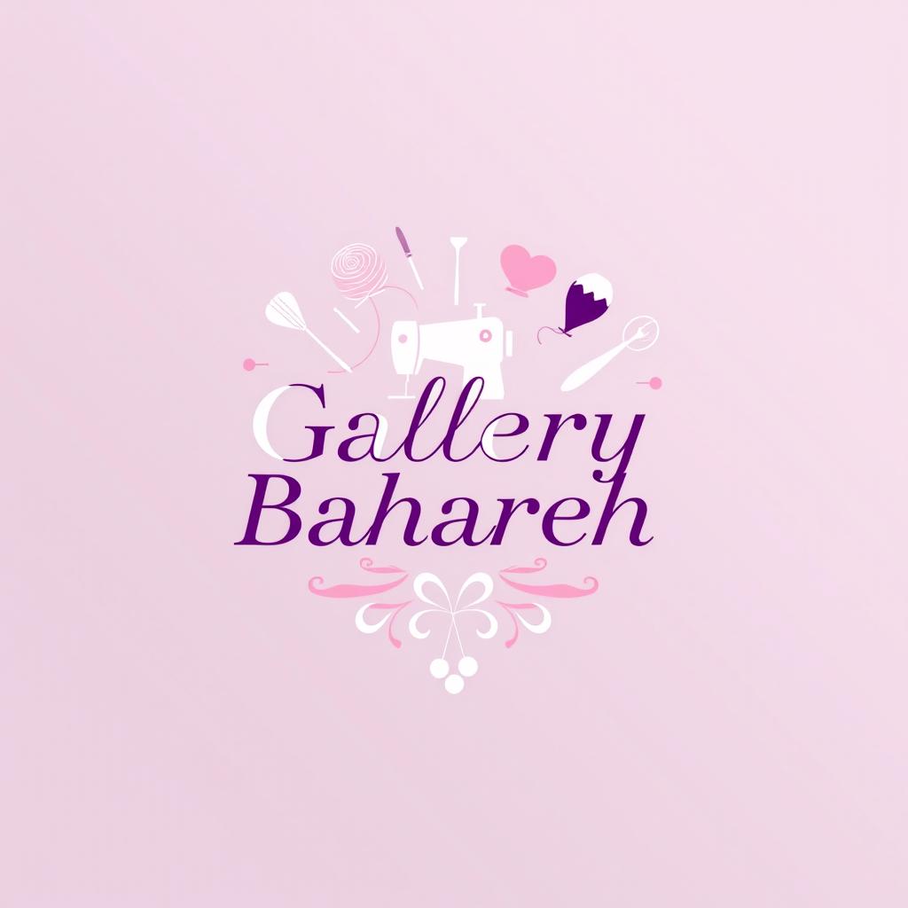 A logo design featuring a stylish blend of light pink, white, and purple colors for a sewing and kitchen service named 'Gallery Bahareh'