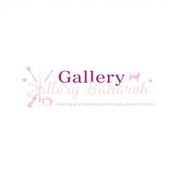 A logo design featuring a stylish blend of light pink, white, and purple colors for a sewing and kitchen service named 'Gallery Bahareh'