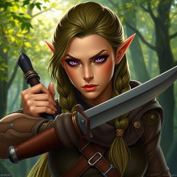 A female elf rogue character depicted with a serious expression, confidently wielding a stoke (or dagger)