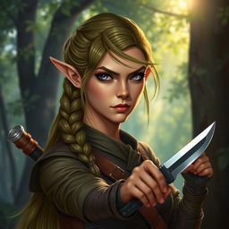 A female elf rogue character depicted with a serious expression, confidently wielding a stoke (or dagger)