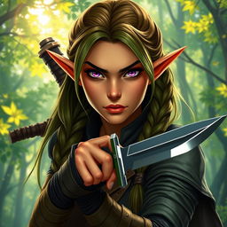 A female elf rogue character depicted with a serious expression, confidently wielding a stoke (or dagger)