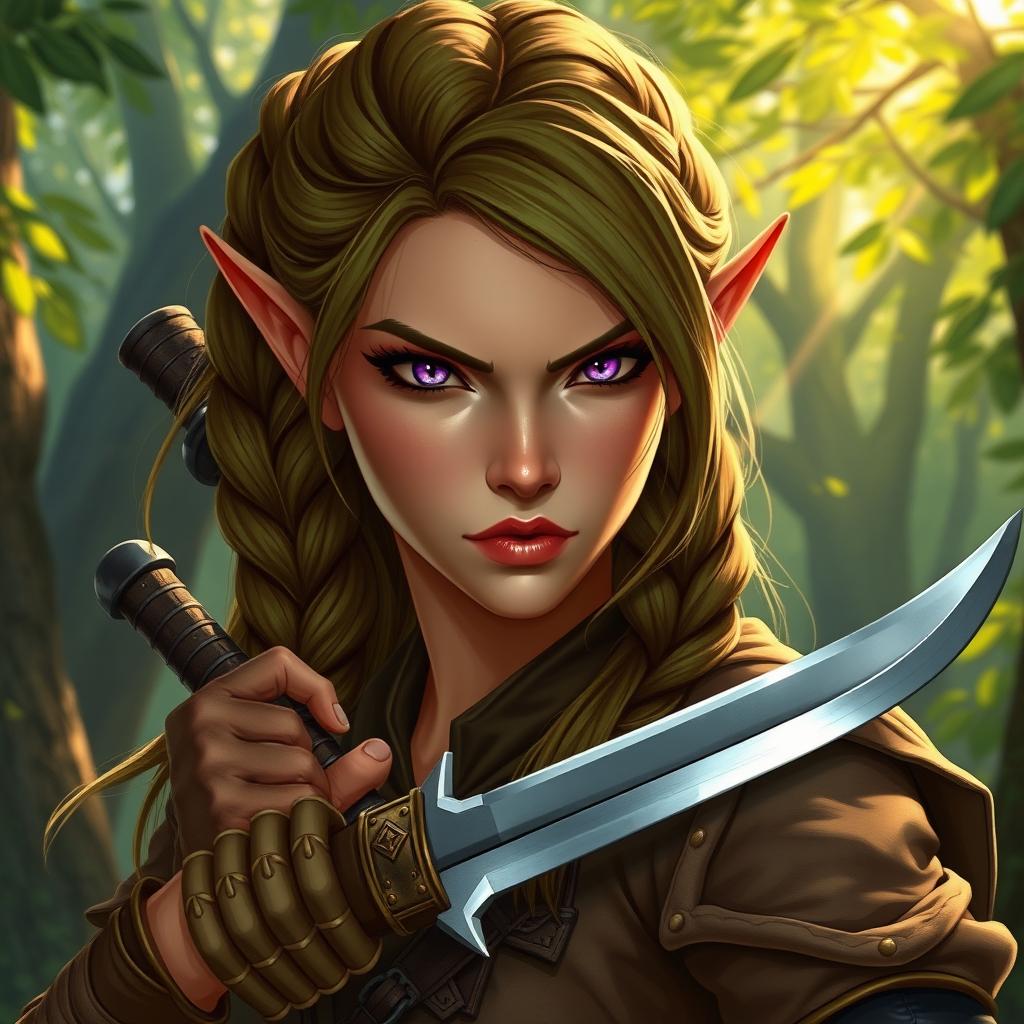 A female elf rogue character depicted with a serious expression, confidently wielding a stoke (or dagger)