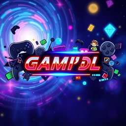 A vibrant and eye-catching YouTube banner for a gaming channel, featuring a dynamic design that includes various popular video game elements such as controllers, pixelated graphics, and colorful character artwork
