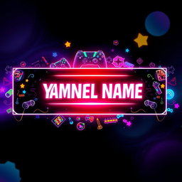 A vibrant and eye-catching YouTube banner for a gaming channel, featuring a dynamic design that includes various popular video game elements such as controllers, pixelated graphics, and colorful character artwork