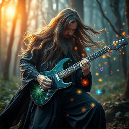 A mystical wizard dressed in flowing black robes, deeply focused as he plays an enchanting electric guitar
