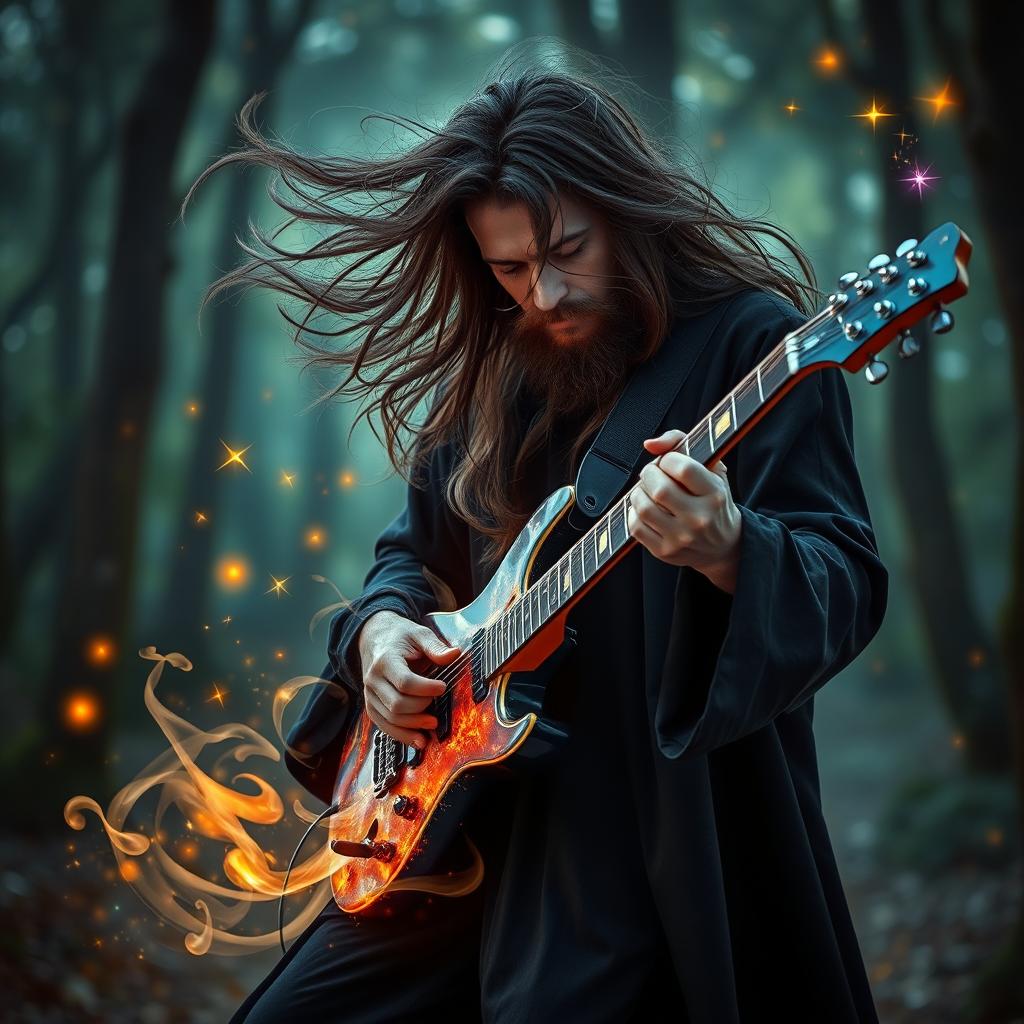 A mystical wizard dressed in flowing black robes, deeply focused as he plays an enchanting electric guitar