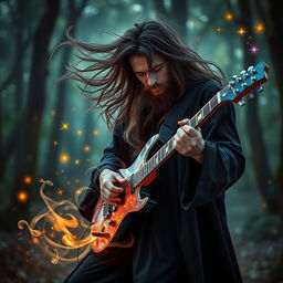 A mystical wizard dressed in flowing black robes, deeply focused as he plays an enchanting electric guitar