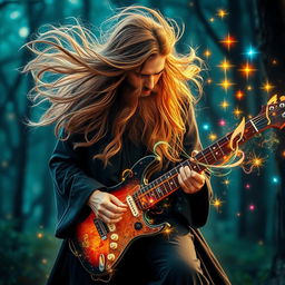 A mystical wizard dressed in flowing black robes, deeply focused as he plays an enchanting electric guitar