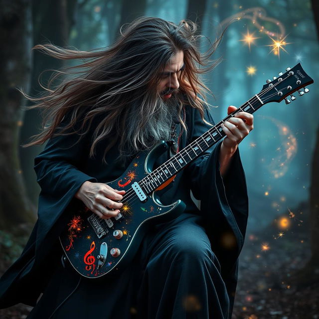 A mystical wizard dressed in flowing black robes, deeply focused as he plays an enchanting electric guitar