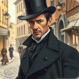 A detailed and artistic drawing of actor Jude Law, portrayed as a character from the year 1856 in the United States