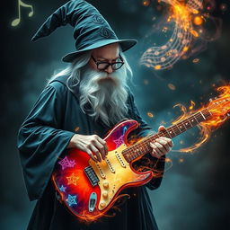 A mysterious wizard with smoky glasses wearing a flowing black robe, passionately playing a magical electric guitar