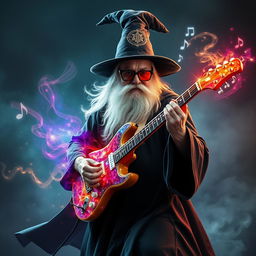 A mysterious wizard with smoky glasses wearing a flowing black robe, passionately playing a magical electric guitar