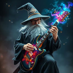 A mysterious wizard with smoky glasses wearing a flowing black robe, passionately playing a magical electric guitar