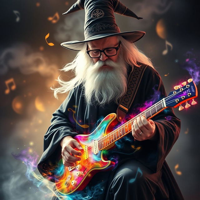 A mysterious wizard with smoky glasses wearing a flowing black robe, passionately playing a magical electric guitar