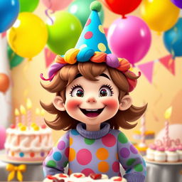 A whimsical character wearing a colorful birthday hat, smiling joyfully