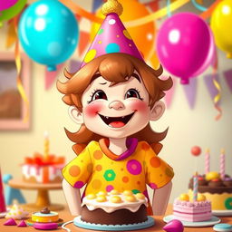 A whimsical character wearing a colorful birthday hat, smiling joyfully