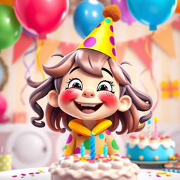 A whimsical character wearing a colorful birthday hat, smiling joyfully