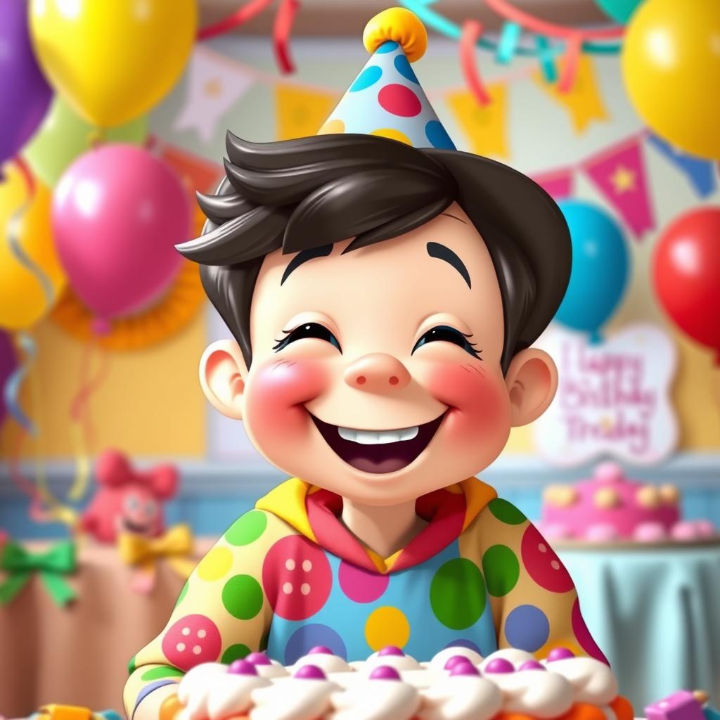 A whimsical character wearing a colorful birthday hat, smiling joyfully