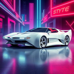 An 80s concept car inspired by the Pontiac Banshee IV, featuring sleek futuristic lines and a striking pure white paintjob