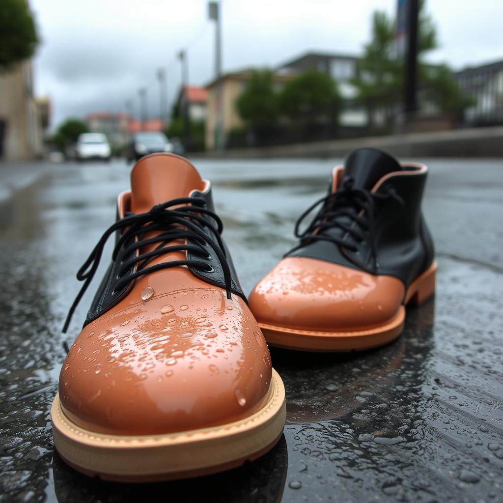 A pair of stylish shoes sitting on a rainy street, glistening with water droplets