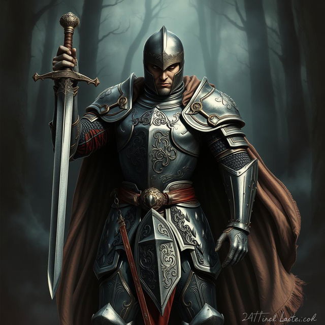 A highly detailed tattoo realism artwork featuring a fierce knight in full armor, showcasing intricate designs and textures