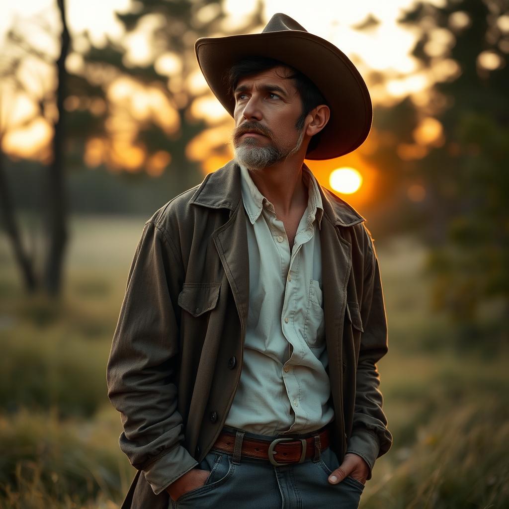 A thin man with dark brown hair and a light beard, wearing a wide-brimmed hat and a worn coat over a white shirt and work pants