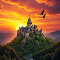 A stunning medieval castle perched atop a rocky hill, bathed in the warm golden hues of a sunset