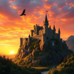 A stunning medieval castle perched atop a rocky hill, bathed in the warm golden hues of a sunset