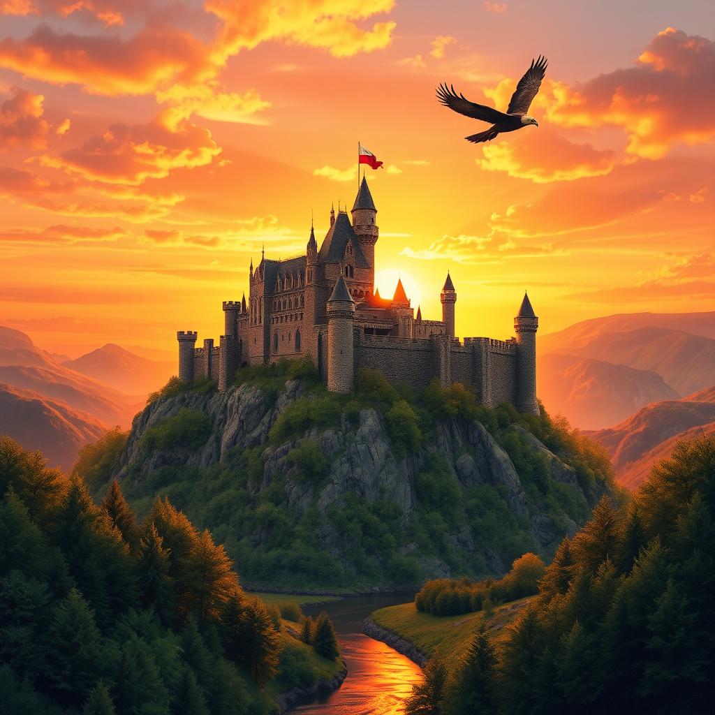 A stunning medieval castle perched atop a rocky hill, bathed in the warm golden hues of a sunset