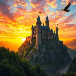 A stunning medieval castle perched atop a rocky hill, bathed in the warm golden hues of a sunset