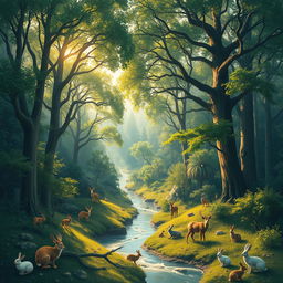 A vast landscape filled with towering trees, flowing rivers, and peaceful animals coexisting in harmony