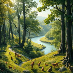 A vast landscape filled with towering trees, flowing rivers, and peaceful animals coexisting in harmony