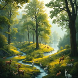 A vast landscape filled with towering trees, flowing rivers, and peaceful animals coexisting in harmony