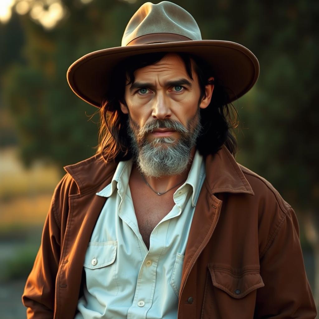 A character resembling actor Jude Law with a thin complexion, long dark brown hair, and a light beard, wearing a wide-brimmed hat and a worn coat