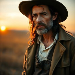 A character resembling actor Jude Law with a thin complexion, long dark brown hair, and a light beard, wearing a wide-brimmed hat and a worn coat