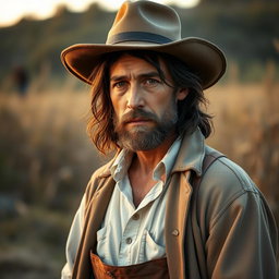 A character resembling actor Jude Law with a thin complexion, long dark brown hair, and a light beard, wearing a wide-brimmed hat and a worn coat