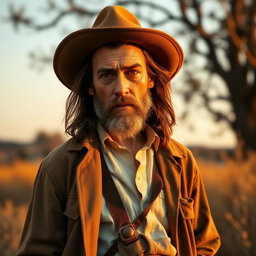 A character resembling actor Jude Law with a thin complexion, long dark brown hair, and a light beard, wearing a wide-brimmed hat and a worn coat