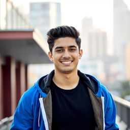 A young man with black hair wearing a stylish black shirt underneath a vibrant blue hoodie