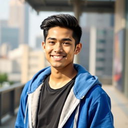 A young man with black hair wearing a stylish black shirt underneath a vibrant blue hoodie